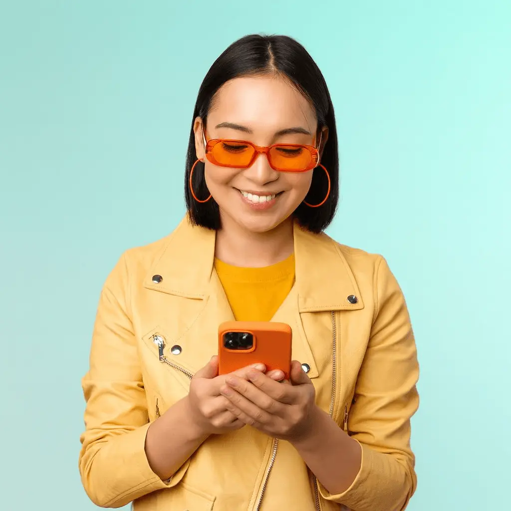 Happy customer using phone